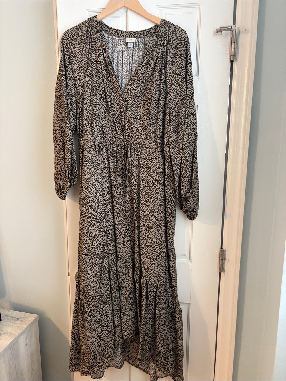 Leopard-Print V-Neck Maxi Dress in Beige and Black